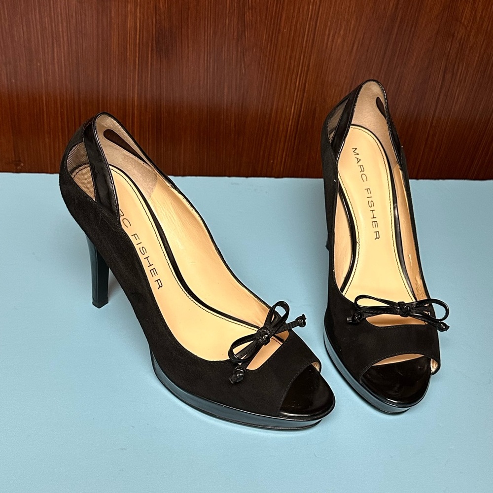 Marc Fisher Black Suede Peep-Toe Heels with Bow